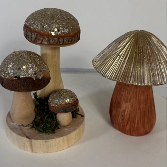 Retro Style Mushroom Figurine Set Golden Glitter Cap Fairy Garden Wood Resin - Picture 11 of 14